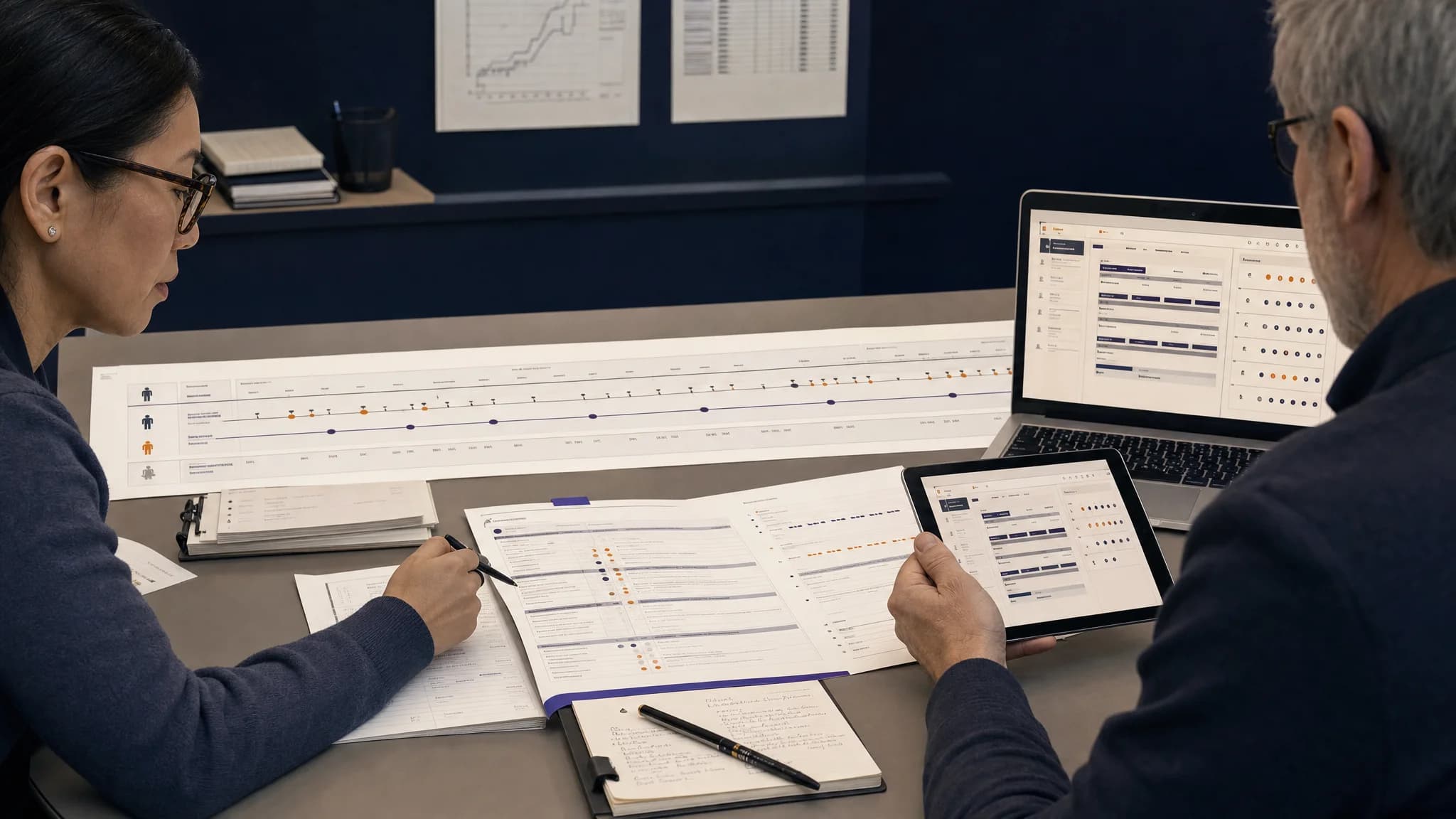 Two people are engaged in a business discussion, reviewing documents and digital data on a tablet and laptop.
