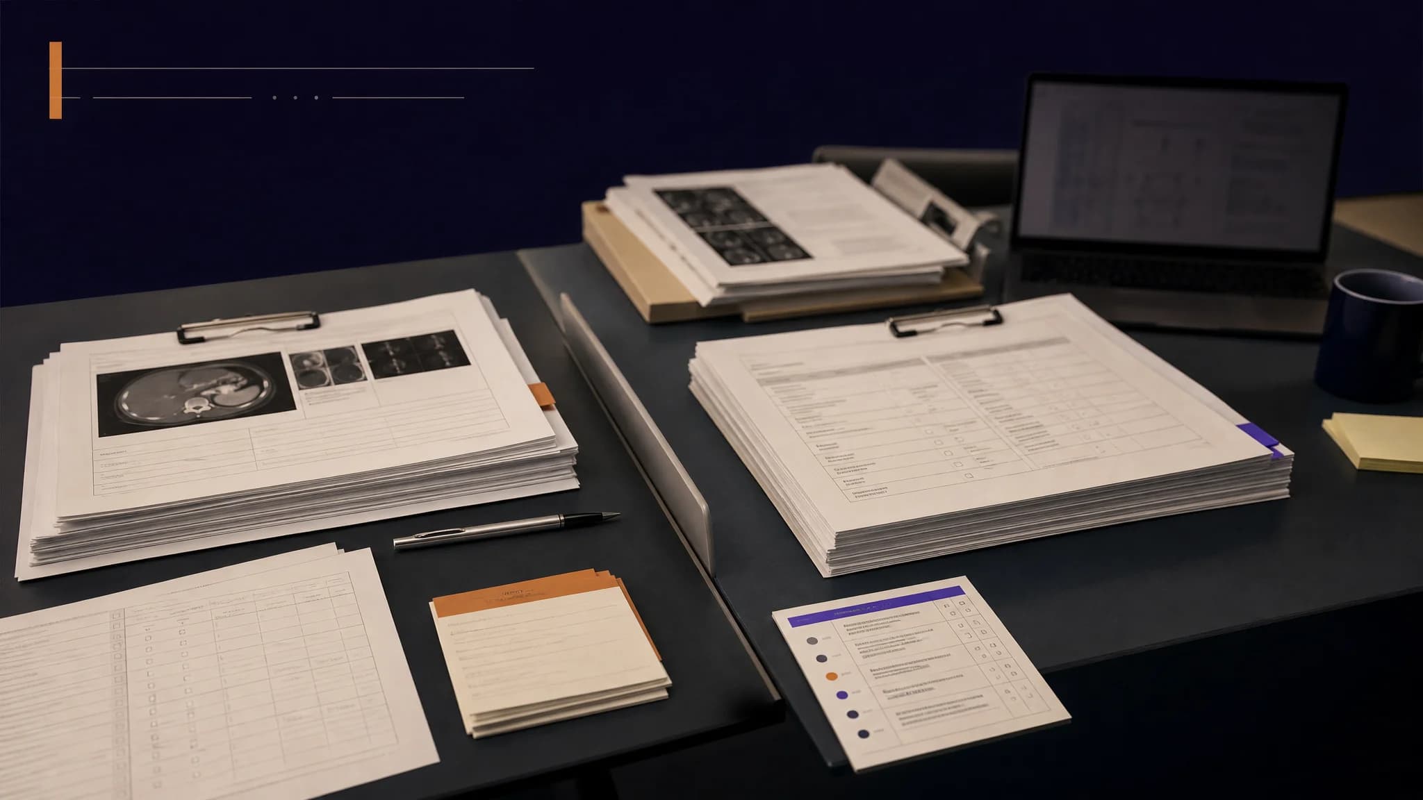 In a workspace, organized documents and charts are spread across a table alongside a laptop and a coffee mug.