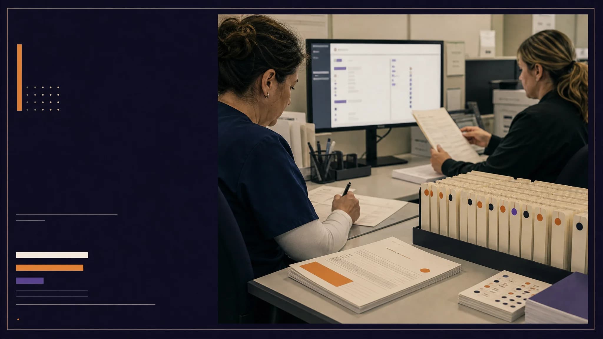 Two healthcare professionals in scrubs sit at a desk with computer screens, reviewing documents and charts.