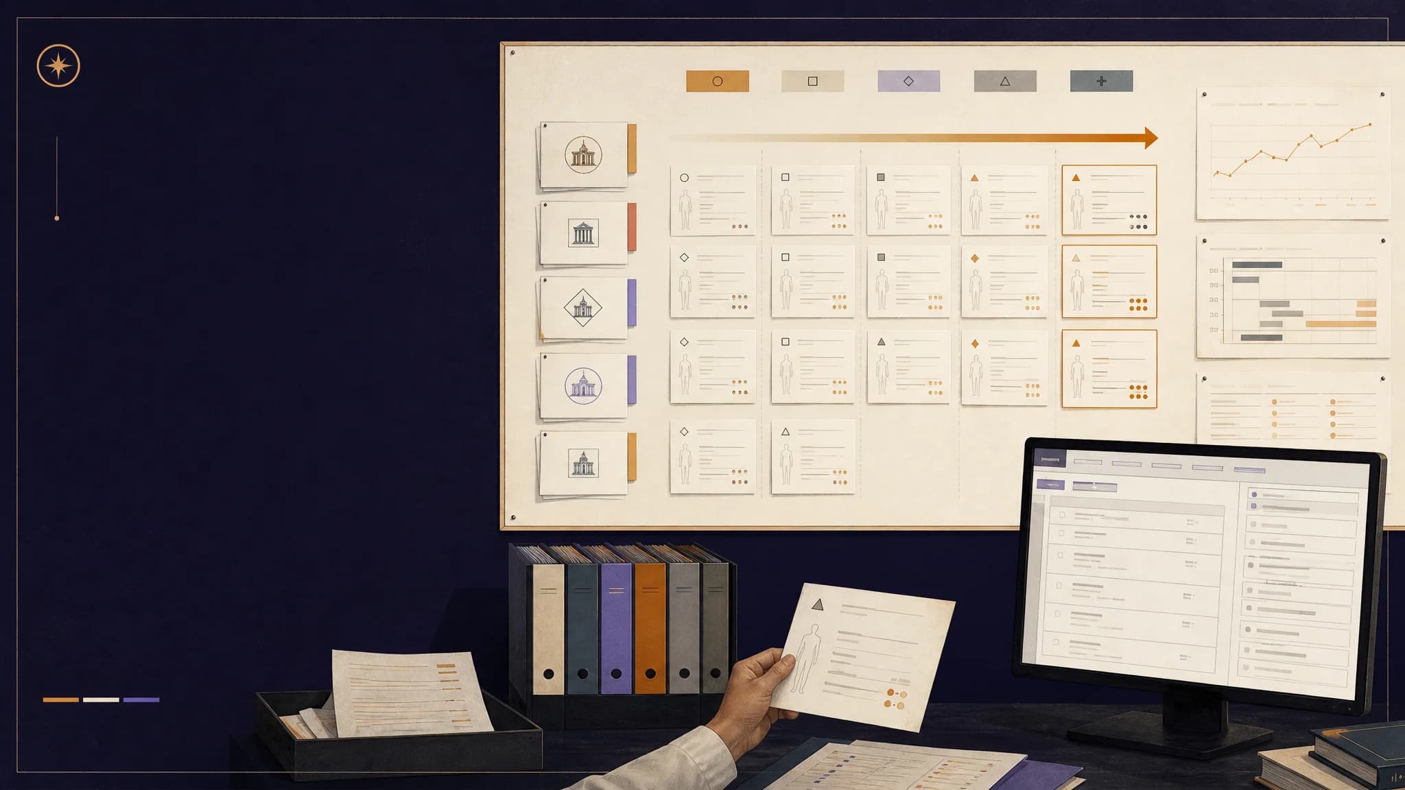 A workspace features a computer, organized documents, and a wall display with charts and evaluation forms.