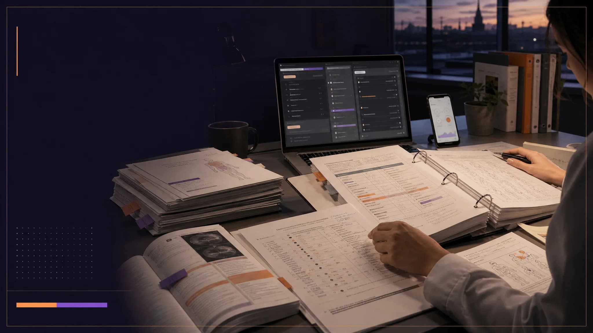 A person studies with open textbooks, a laptop displaying data, and a smartphone on a desk against a city skyline.