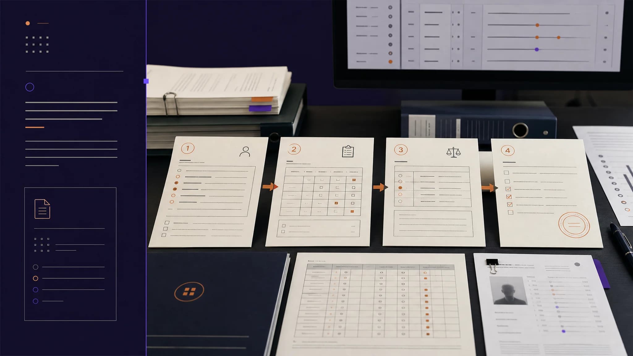 Documents and a computer monitor displaying tables and forms are arranged on a dark desk surface.