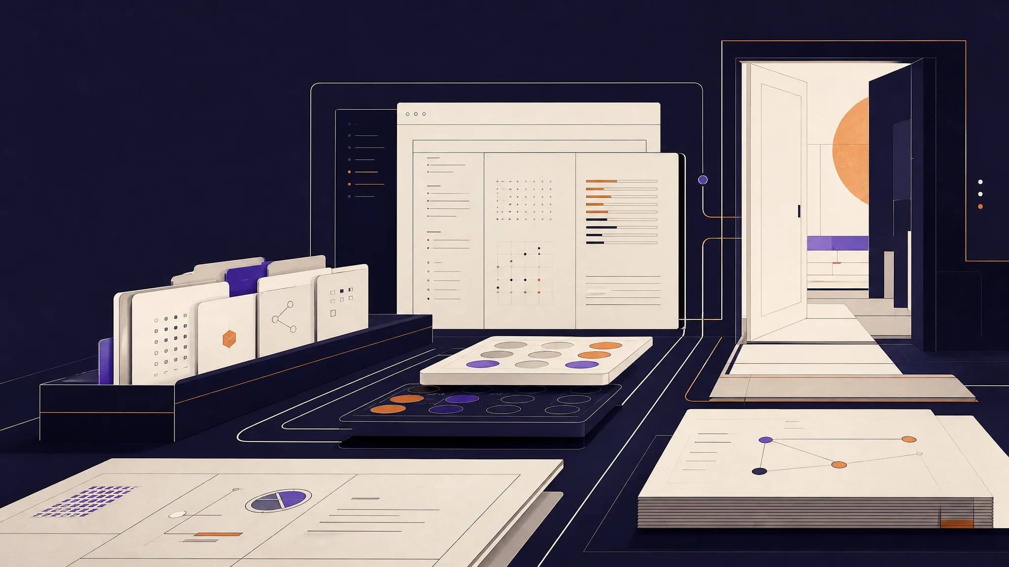 A modern workspace features sleek documents, digital devices, and geometric designs against a dark background.
