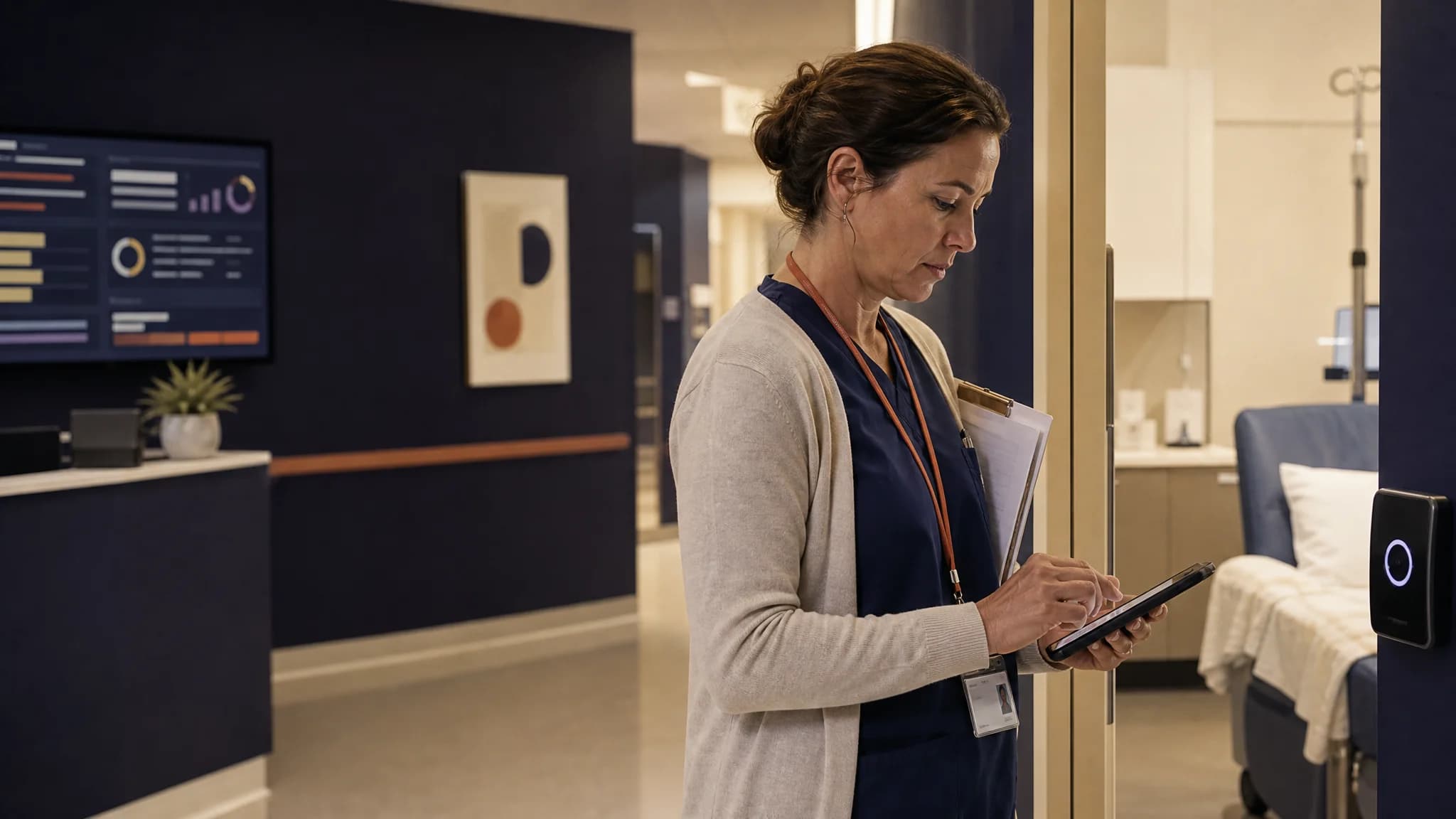 A healthcare worker is using a tablet while standing at the entrance of a modern hospital room.