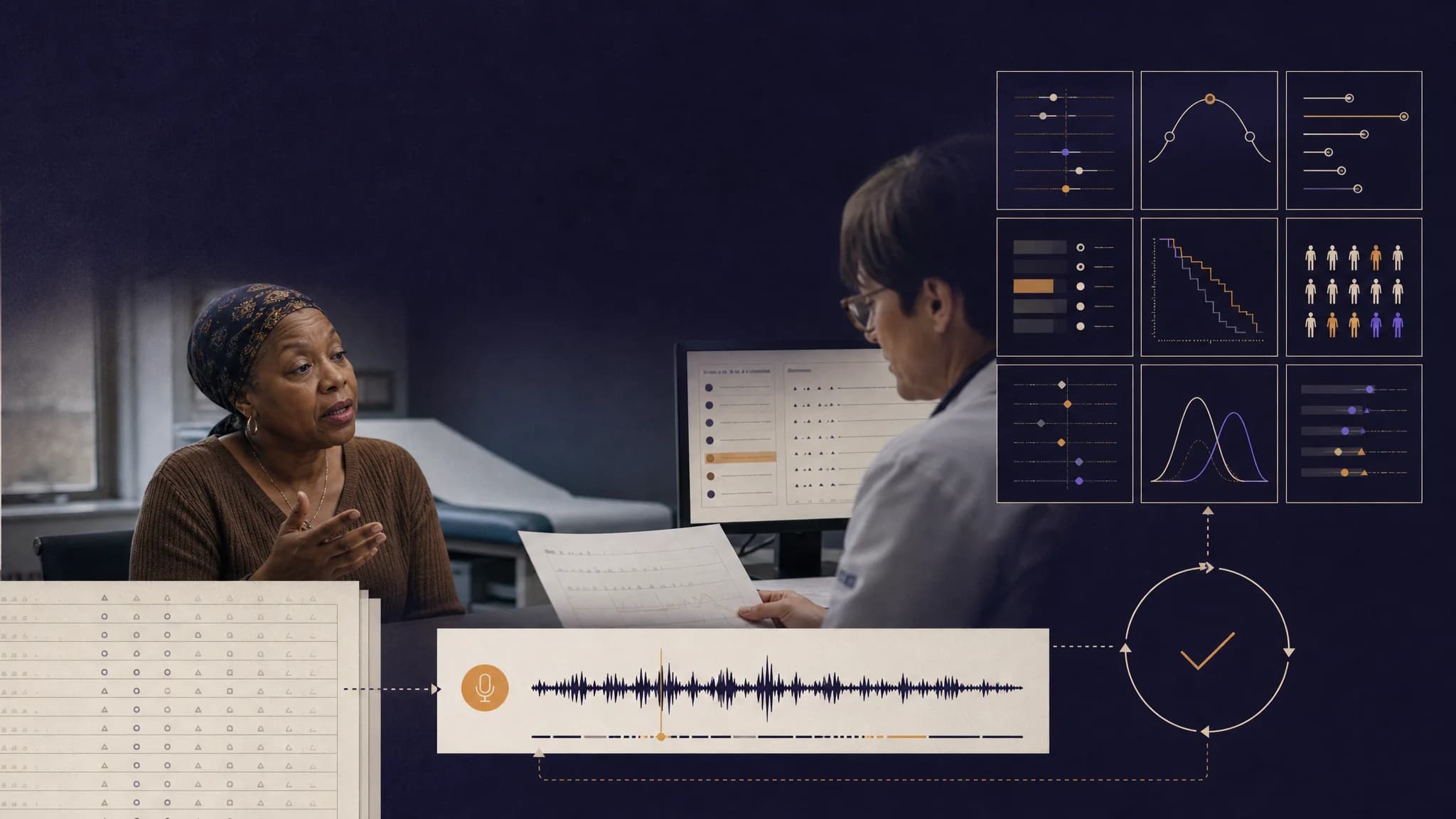 A woman speaks with a doctor in a consultation room, with data analysis graphics displayed on screens beside them.